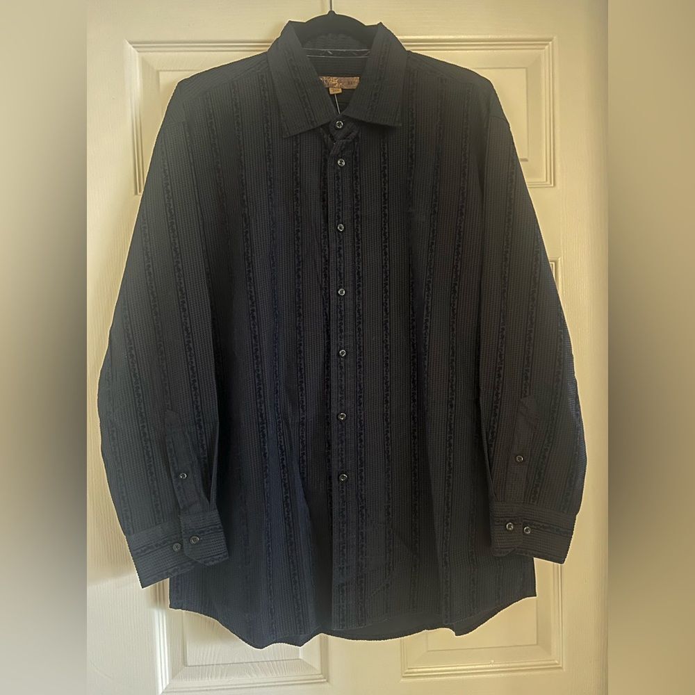 VTG Blue Pronto Uomo Velvet Textured Striped  Bling Men’s Long Sleeve Shirt XL